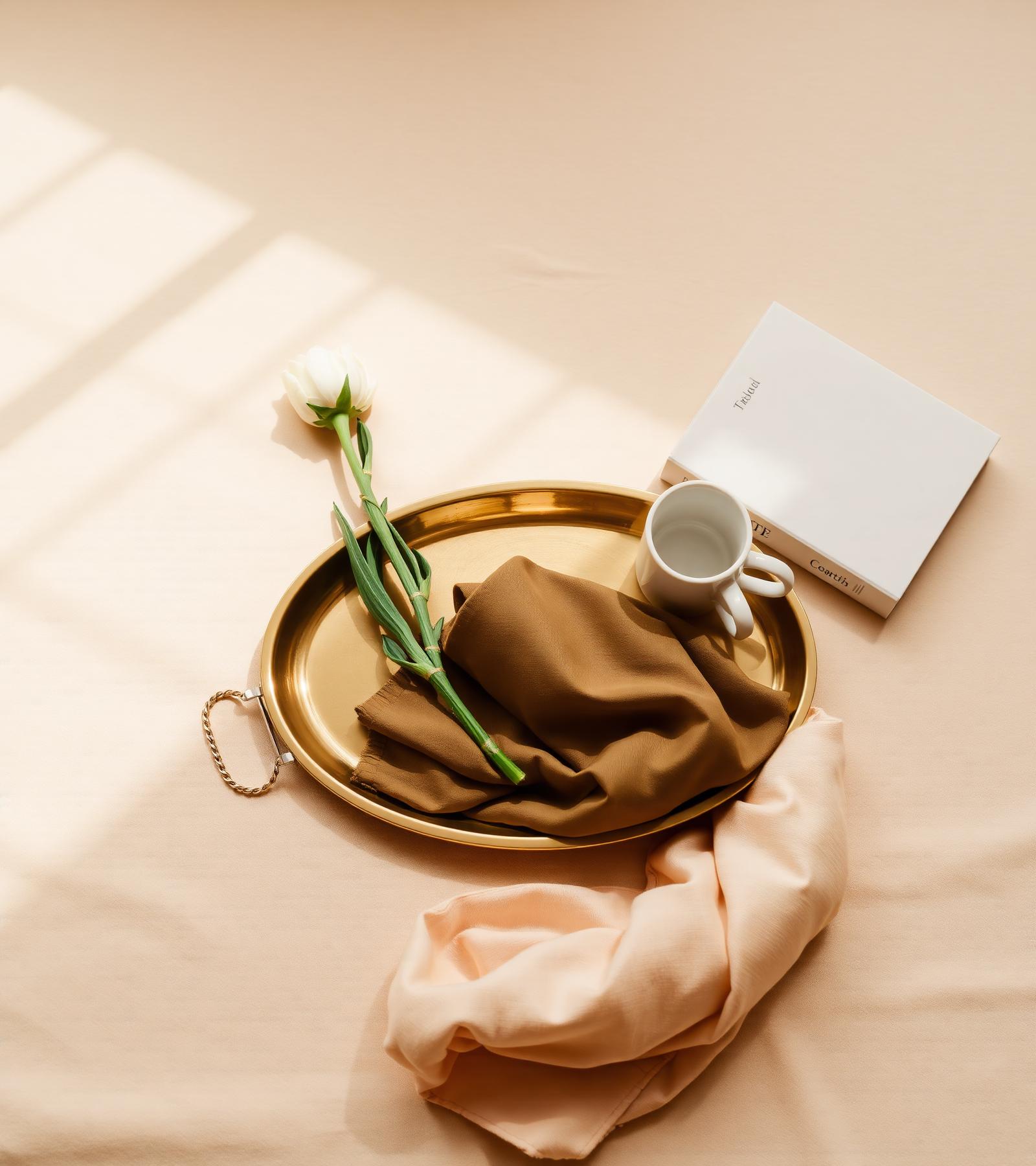 A brass tray with a white rose, silk scarf, and a cup — an editorial still life
